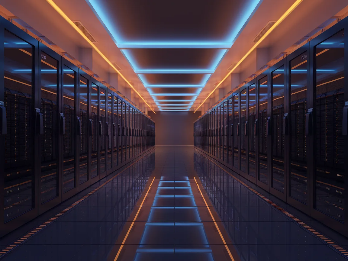 Enterprise AI operations suite with curved screens showing AI dashboards