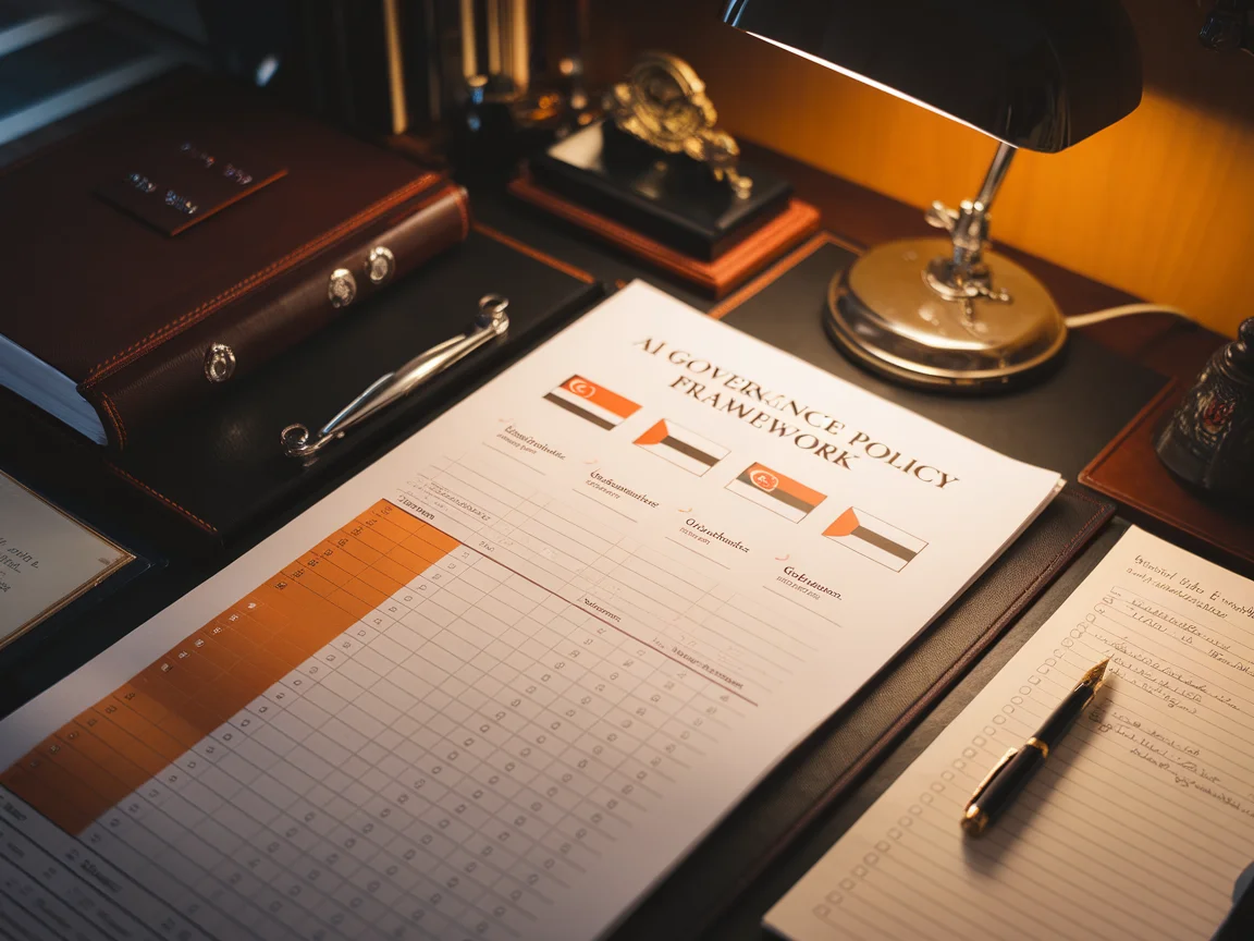 AI governance policy framework documents on executive desk with lamp and pen