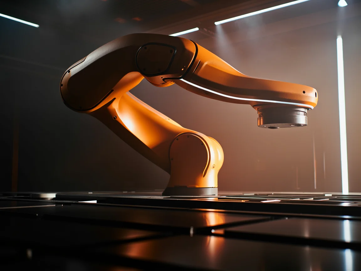 Industrial six-axis robotic arm on an automated production line, moody amber lighting