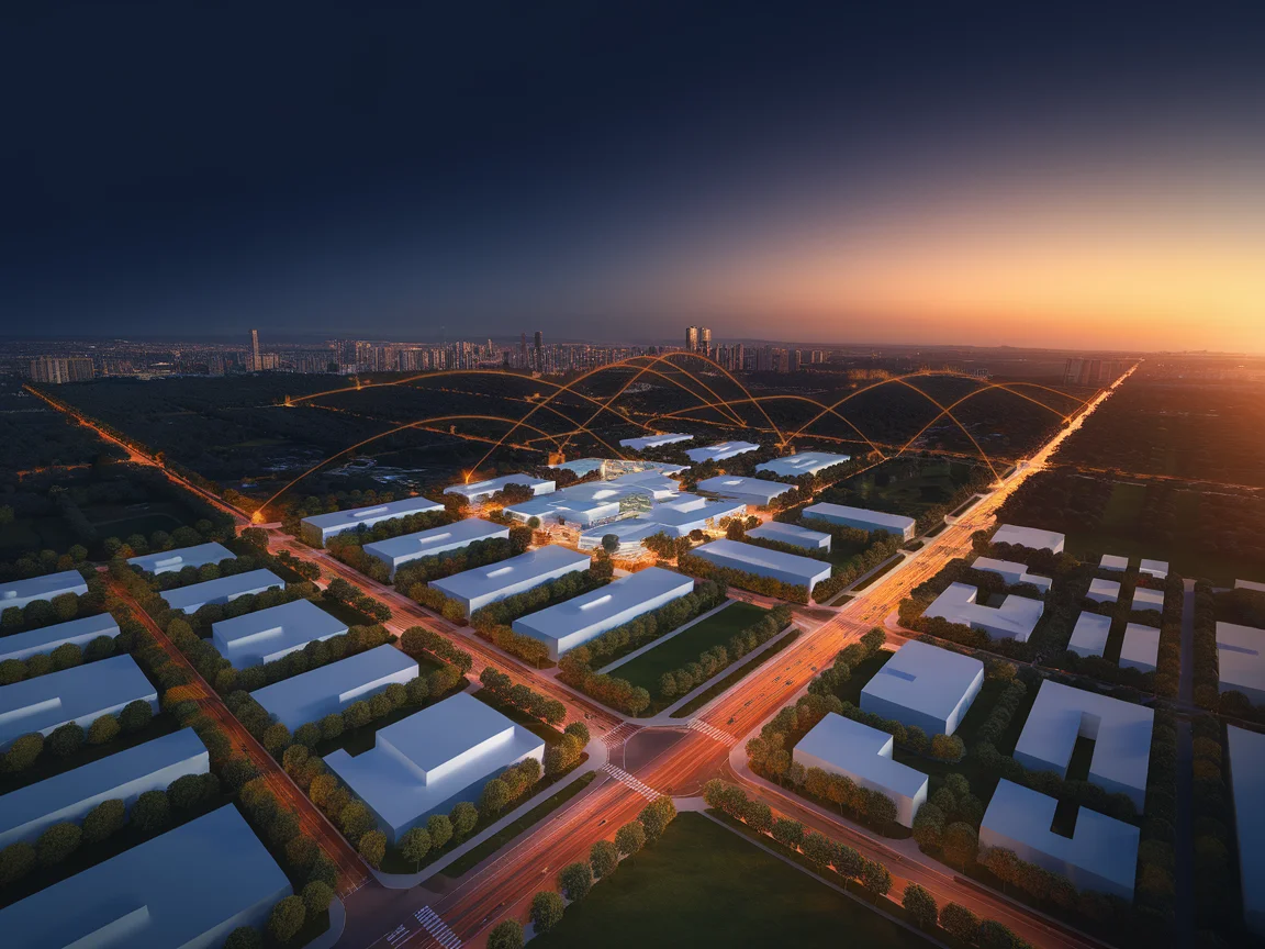 Aerial view of smart city at dusk with orange connectivity arcs between districts
