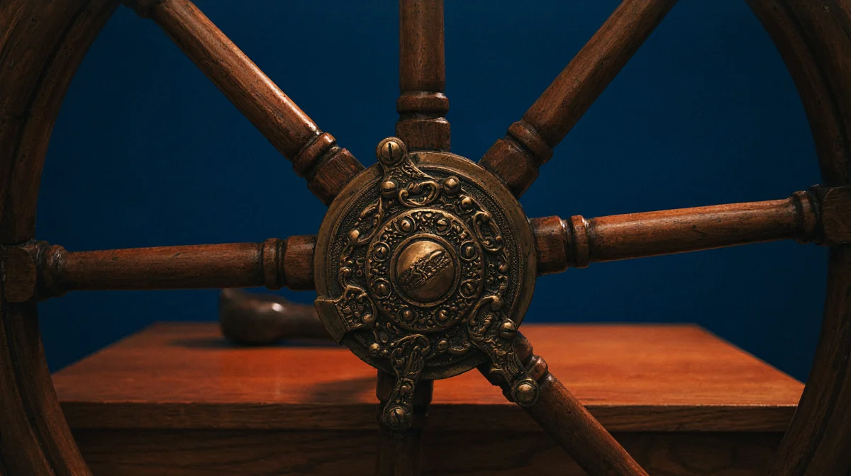 A brass ship's helm wheel, representing the executive sponsor who steers and owns the outcome