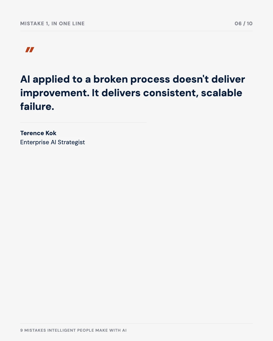 Carousel slide 6: quote — AI applied to a broken process delivers consistent, scalable failure