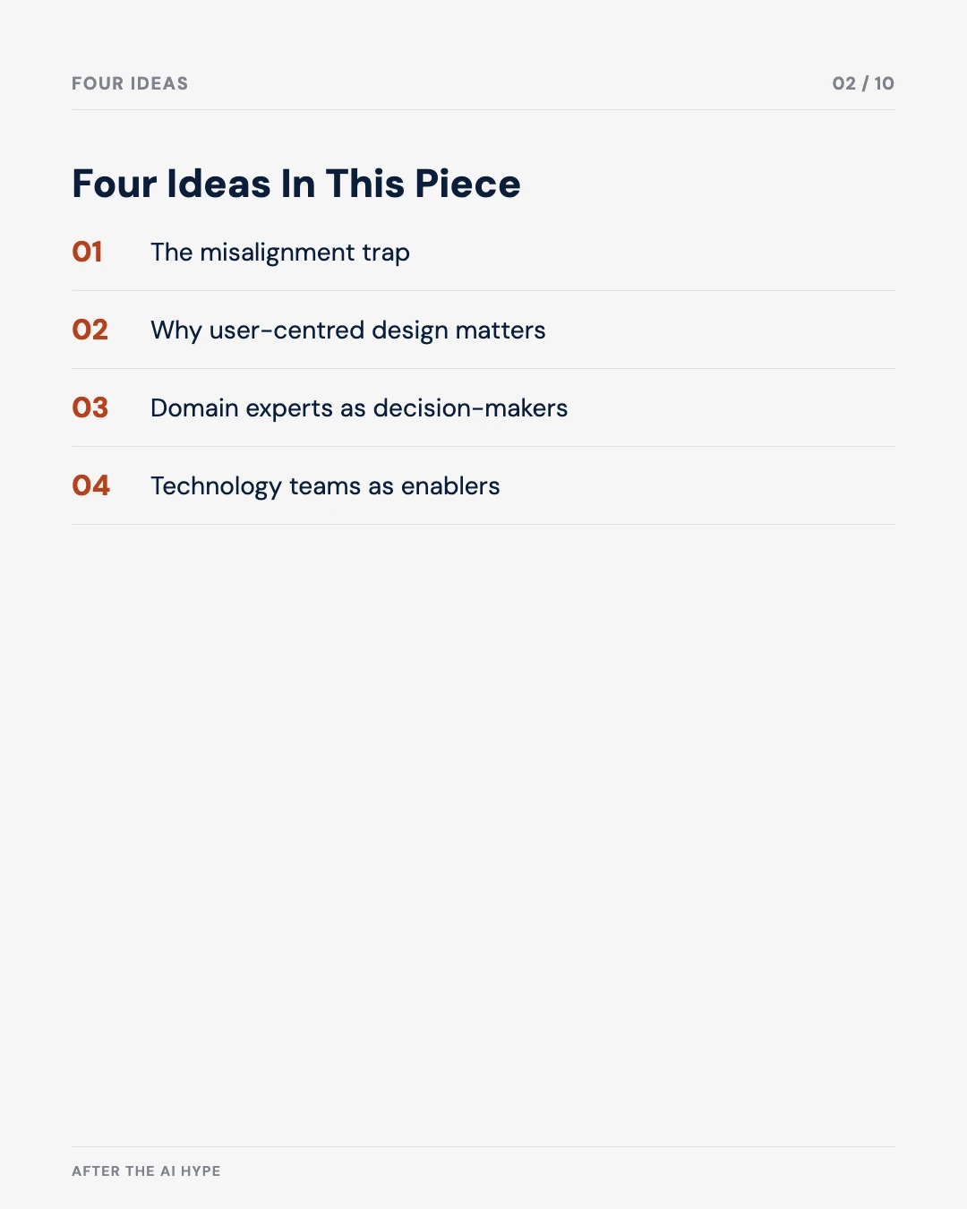 Carousel slide 2: four ideas — the misalignment trap, user-centred design, domain experts, technology as enablers