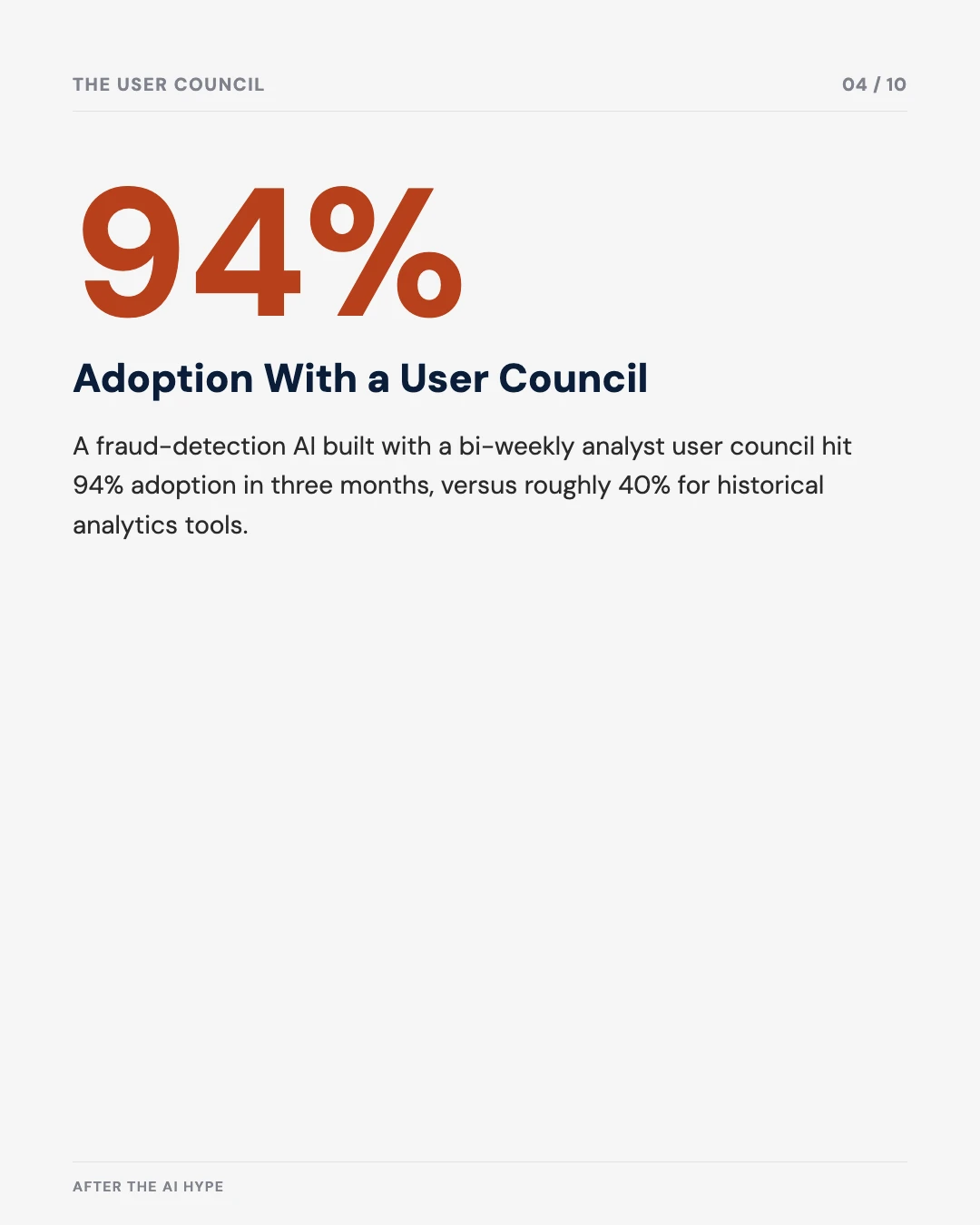 Carousel slide 4: 94% adoption within three months for an AI built with a user council, versus 40% historically