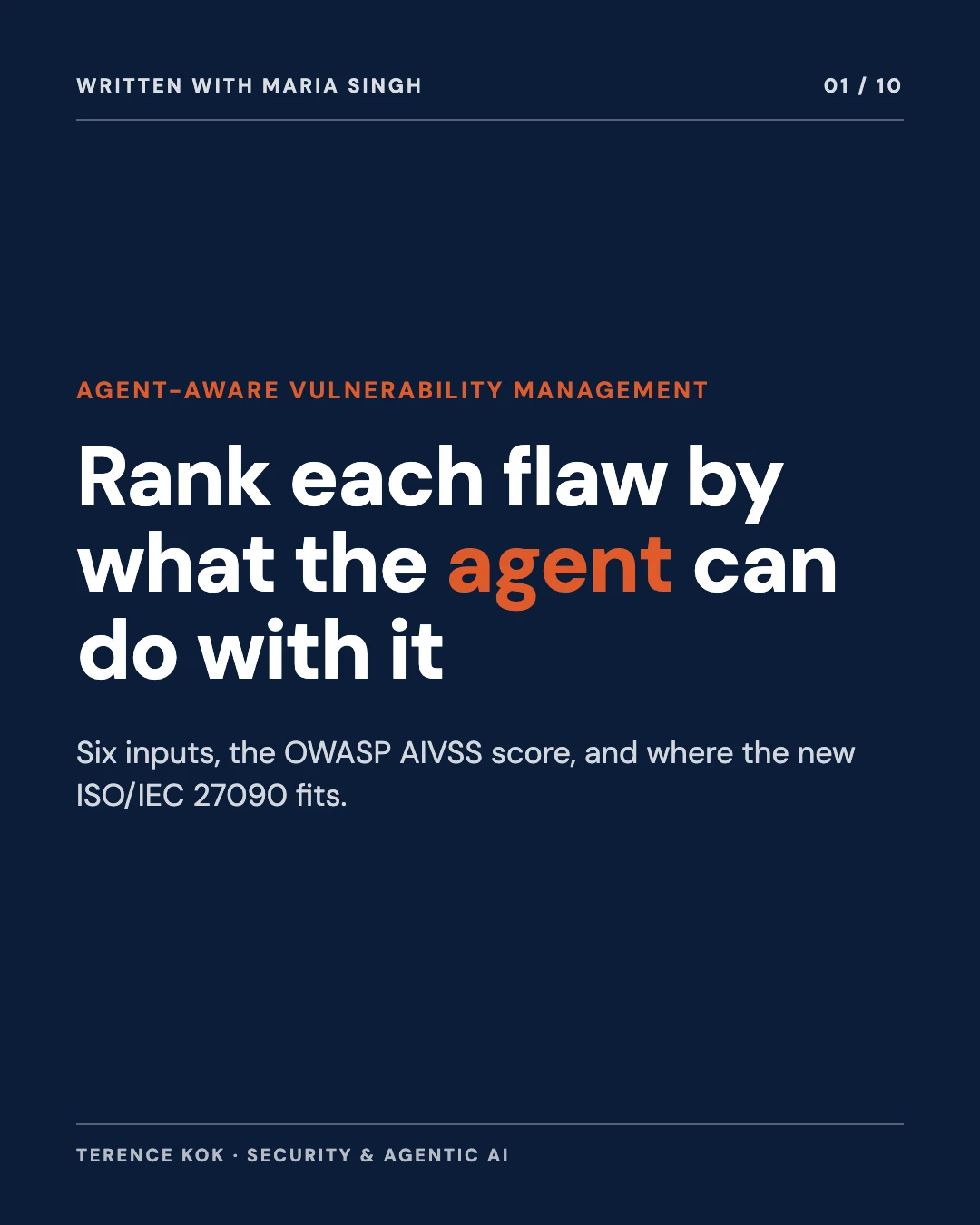 Carousel slide 1: cover, agent-aware vulnerability management ranks flaws by what the agent can do