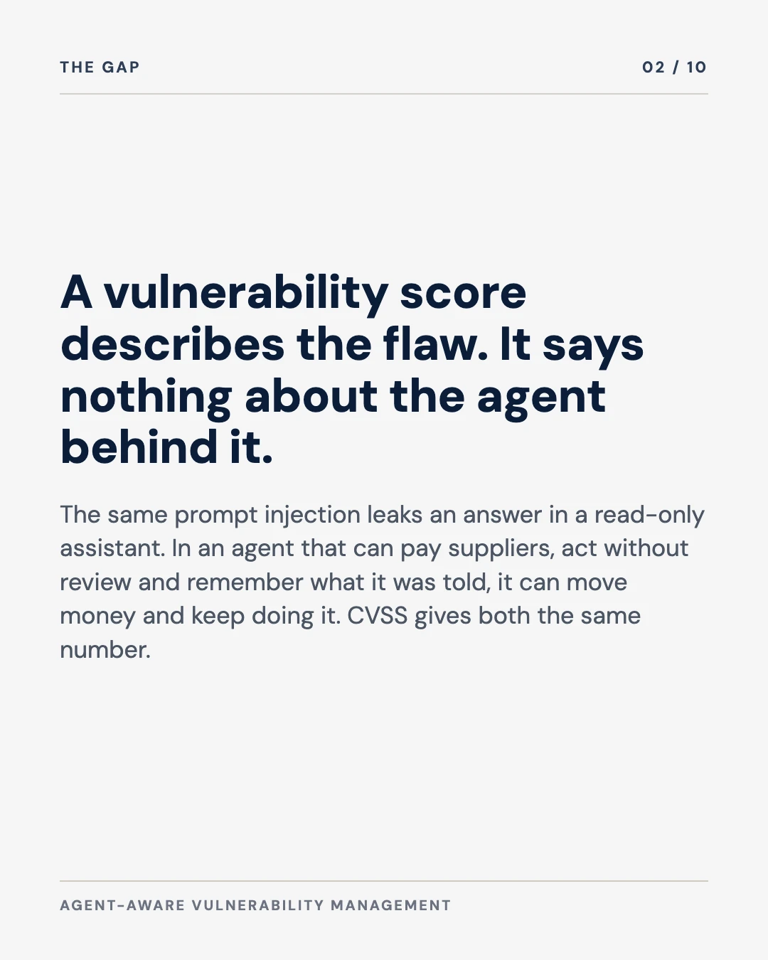 Carousel slide 2: a vulnerability score describes the flaw, not the agent behind it