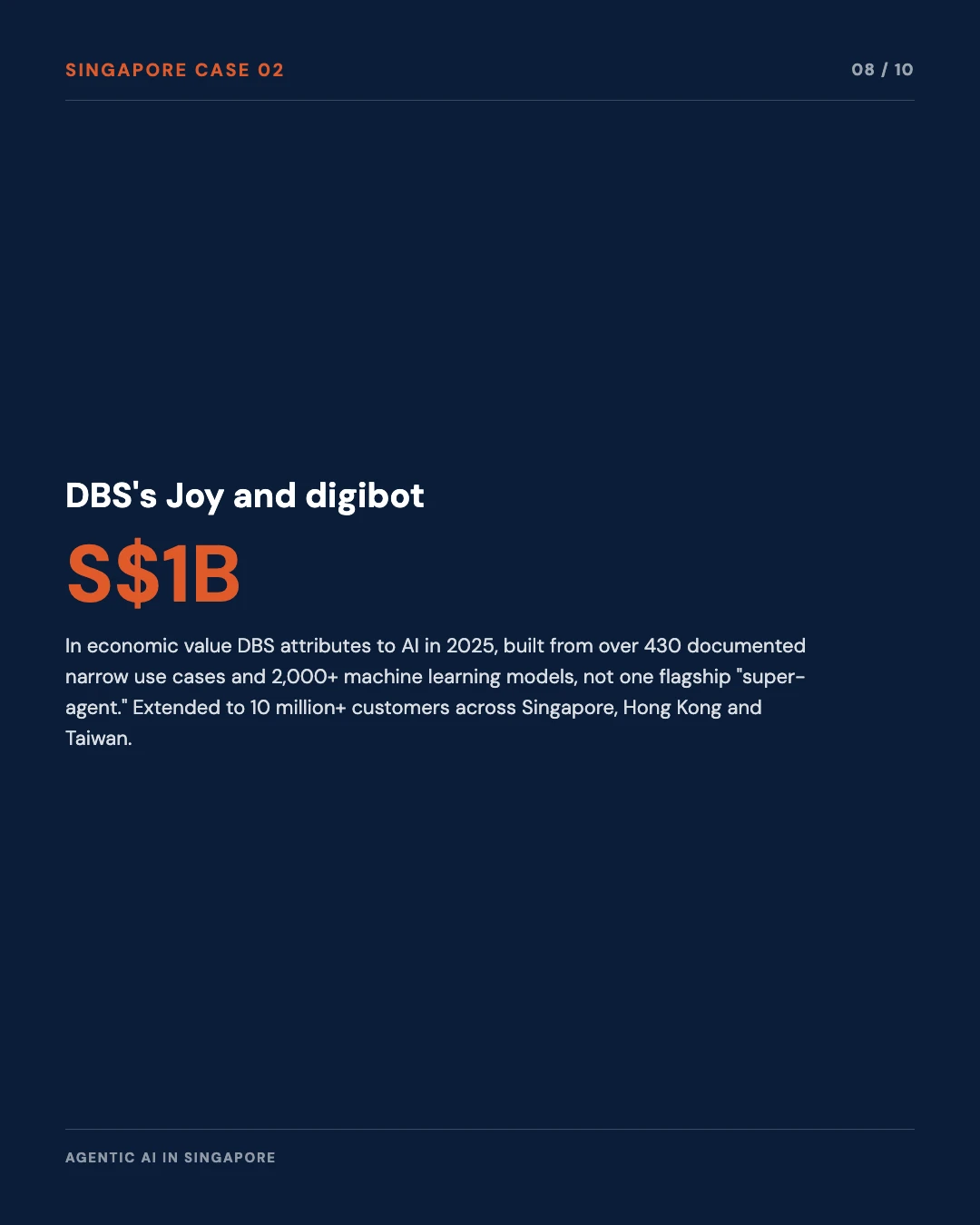 Carousel slide 8: DBS attributes S$1 billion in 2025 economic value to over 430 narrow AI use cases