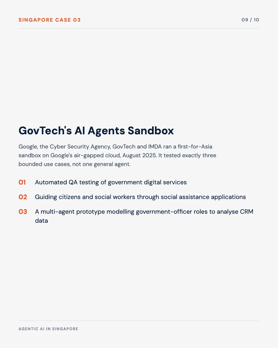 Carousel slide 9: GovTech's AI Agents Sandbox with CSA and IMDA tested three bounded use cases