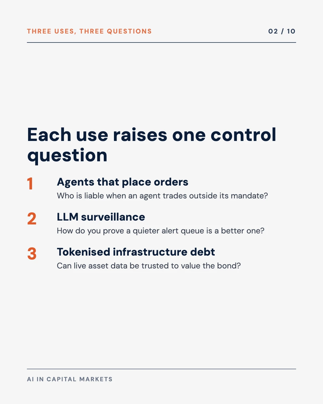 Carousel slide 2: three places AI is entering capital markets and the control question each raises