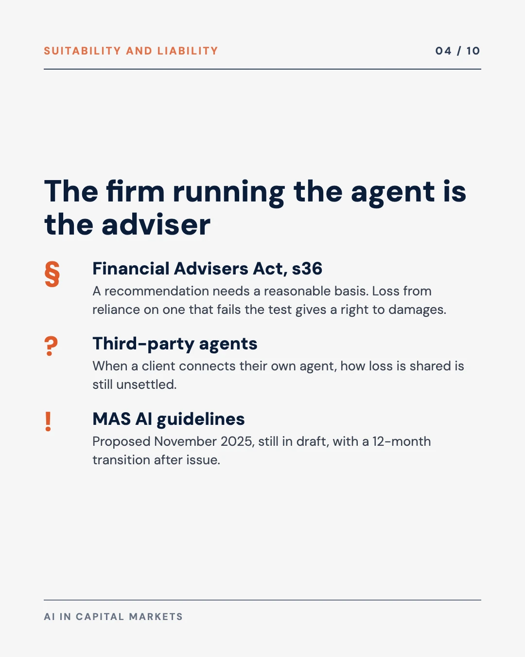 Carousel slide 4: who is liable when an AI agent trades outside its mandate