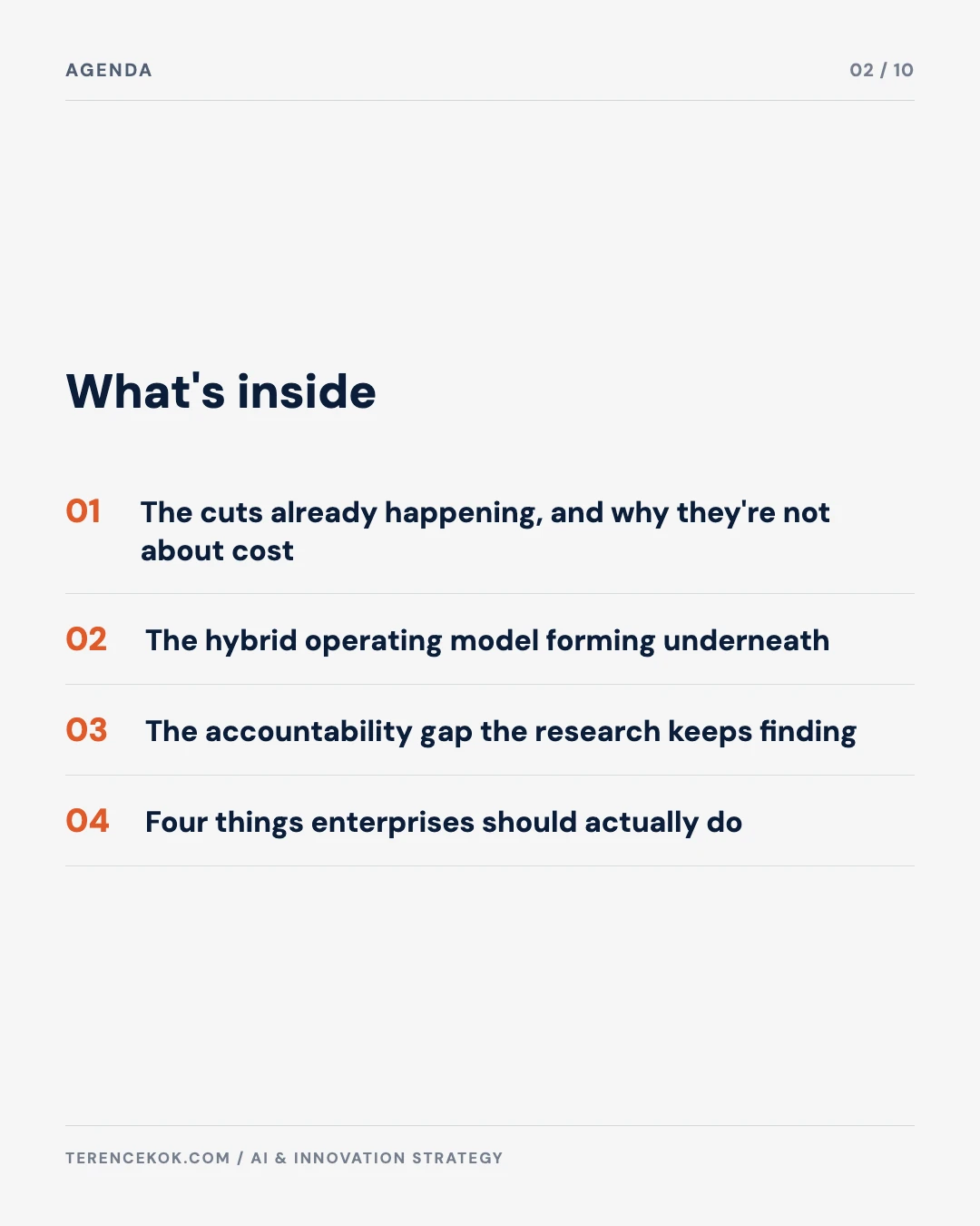 Carousel slide 2: agenda, the cuts already happening, the hybrid operating model, the accountability gap, what to do