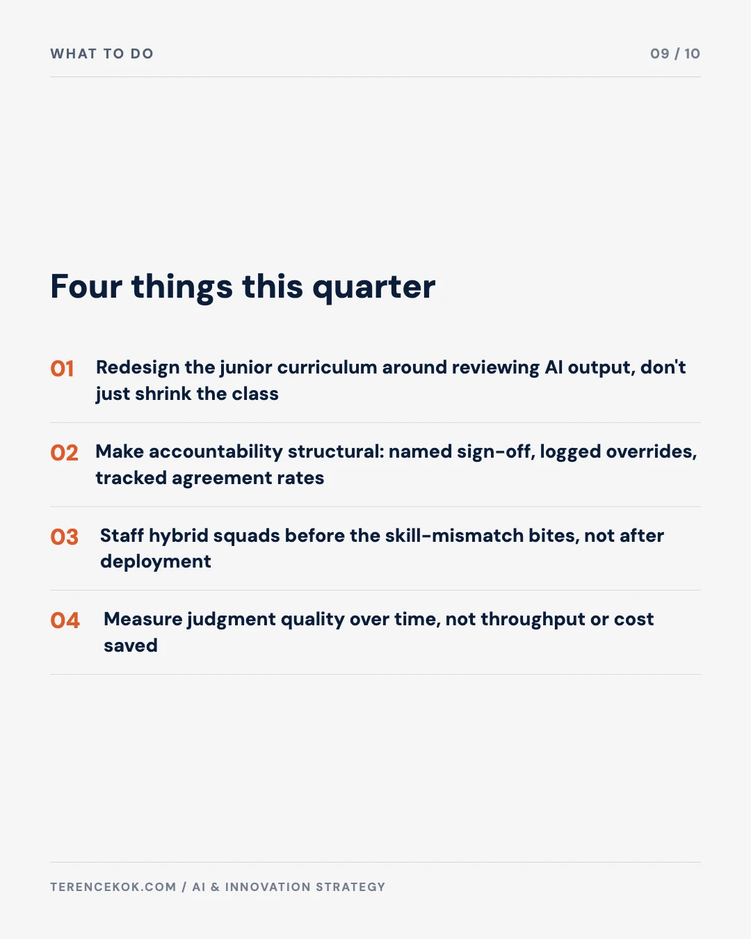Carousel slide 9: four things enterprises should do, redesign the junior curriculum, structural accountability, staff hybrid squads early, measure judgment not throughput