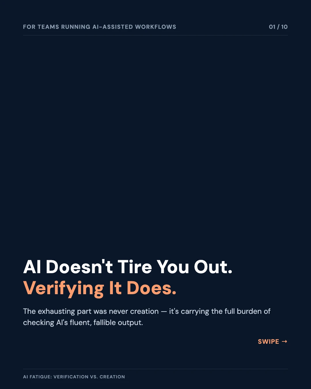 Carousel slide 1: cover — AI doesn't tire you out, verifying it does