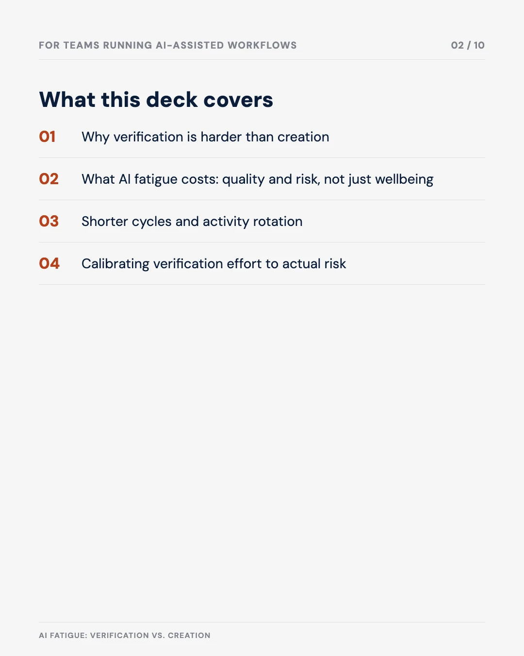 Carousel slide 2: agenda — what this deck covers