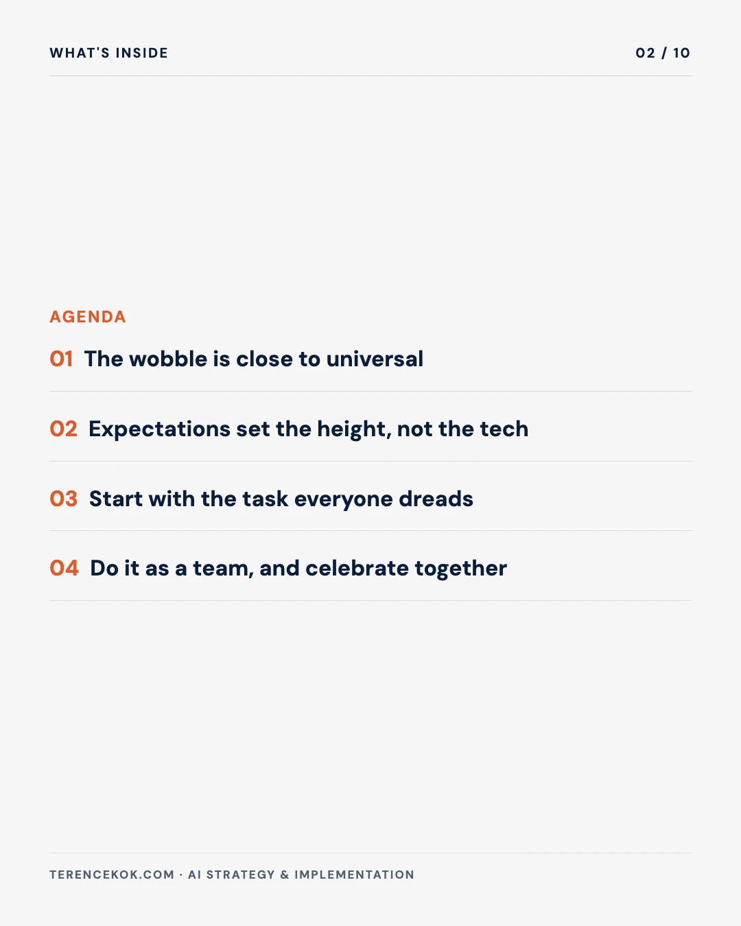 Carousel slide 2: agenda, the wobble is normal, expectations set the height, start with the task everyone dreads, do it as a team