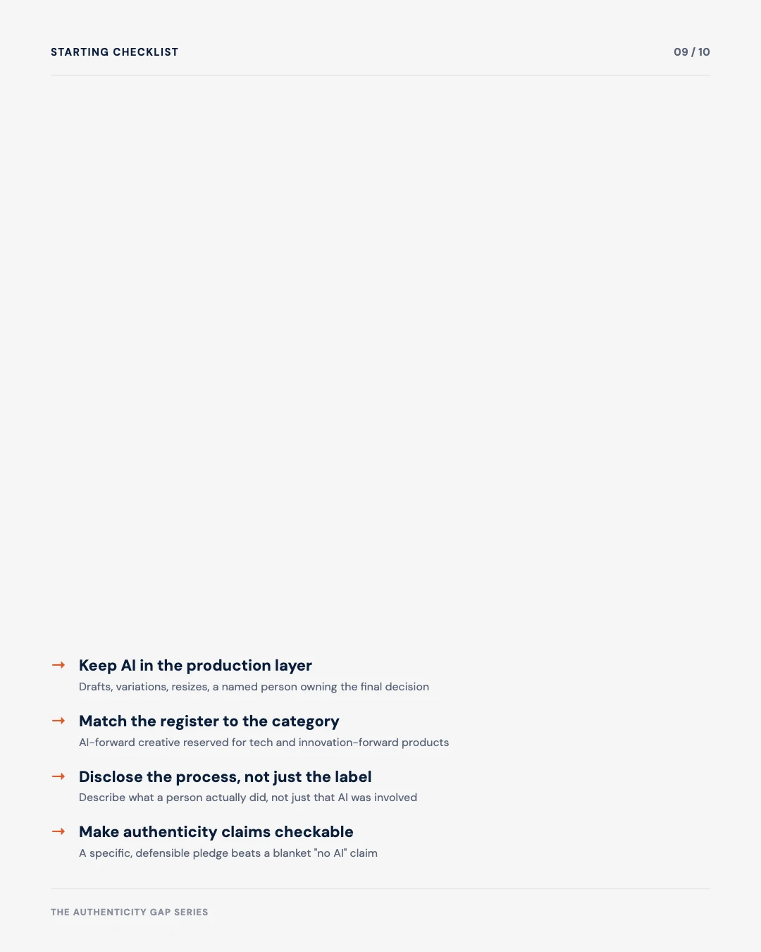 Carousel slide 9: starting checklist, keep AI in the production layer, match the register to the category, disclose the process not just the label, make authenticity claims checkable