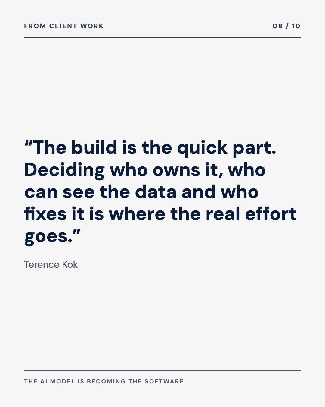 Carousel slide 8: pull quote, the build is the quick part, deciding who owns it is where the effort goes