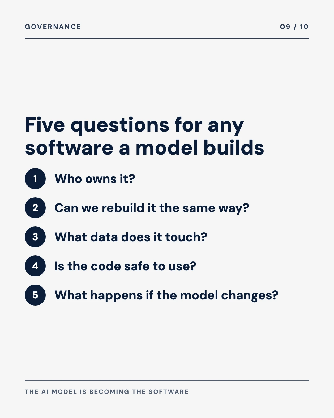 Carousel slide 9: five questions for any software a model builds