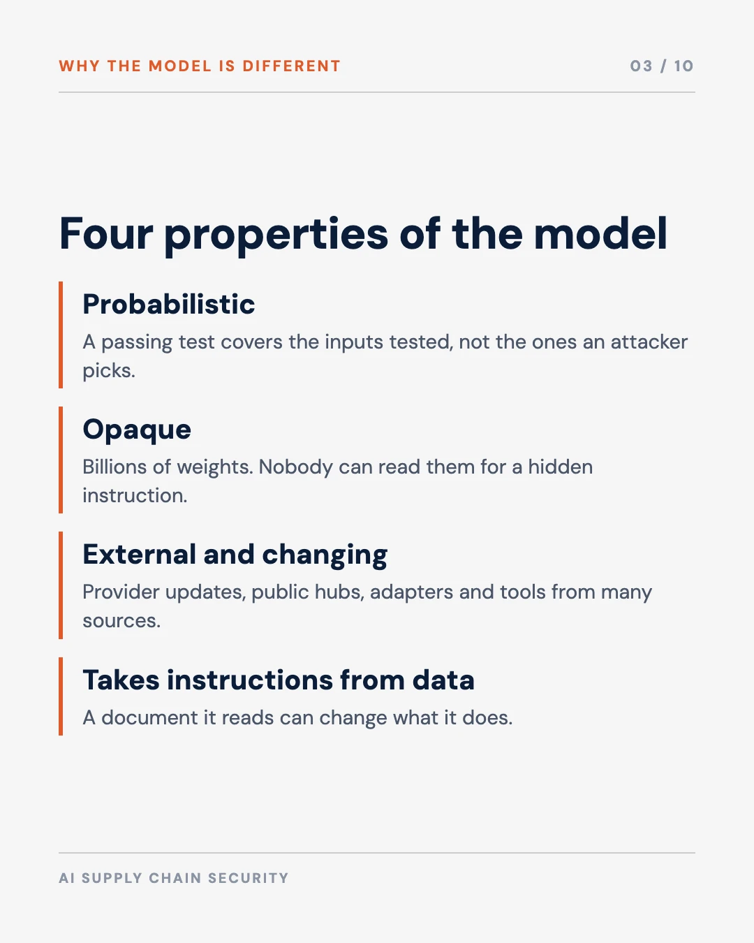 Carousel slide 3: four properties of the model that break those assumptions