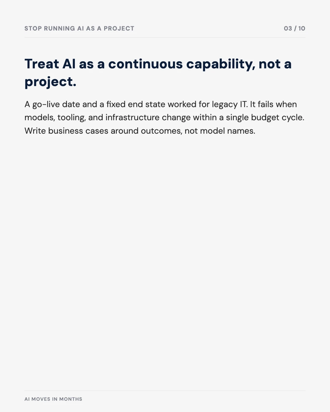 Carousel slide 3: treat AI as a continuous capability, not a project