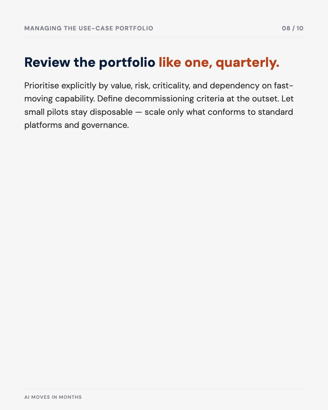 Carousel slide 8: review the AI use-case portfolio quarterly