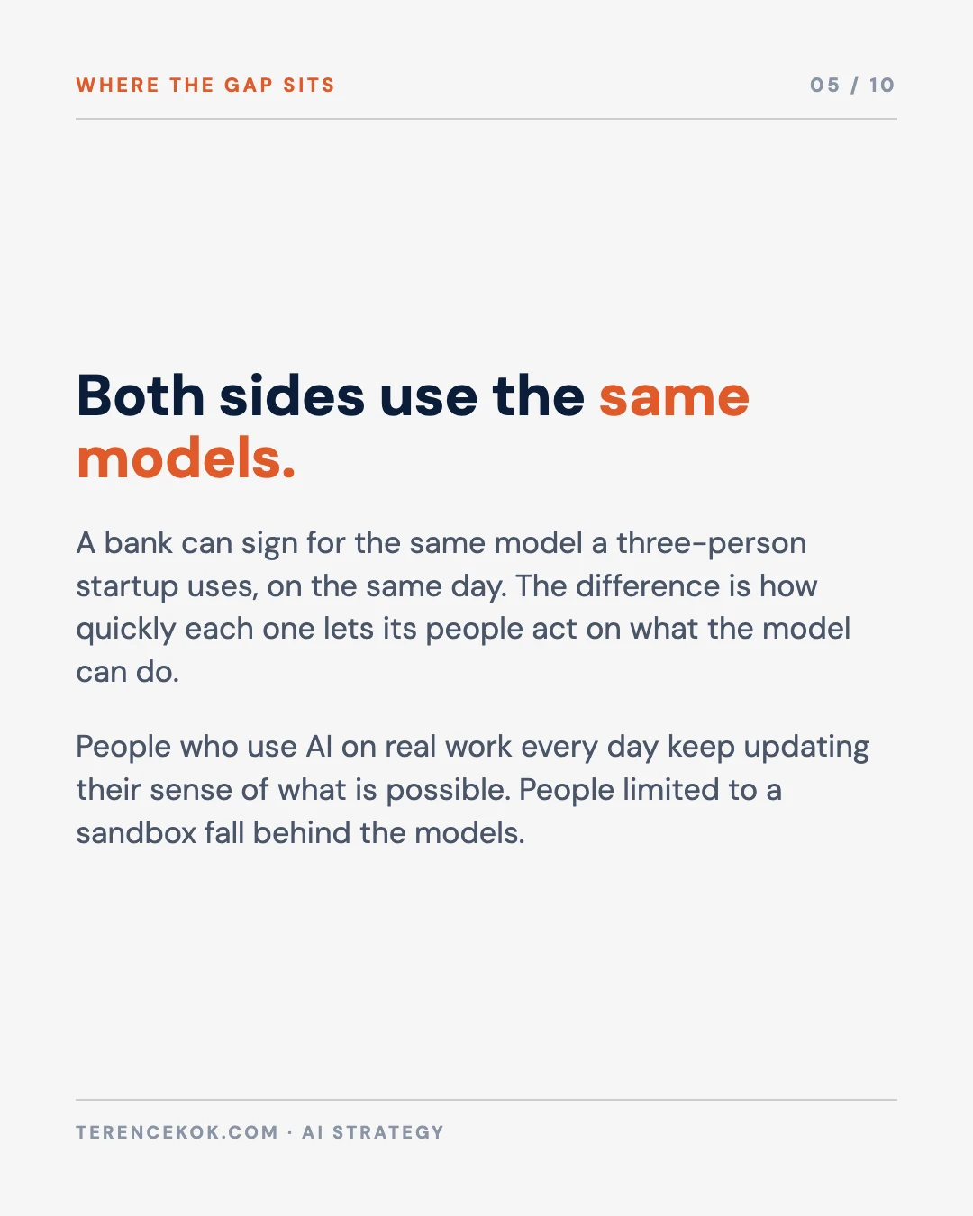 Carousel slide 5: both sides use the same models, the gap is in permission to act