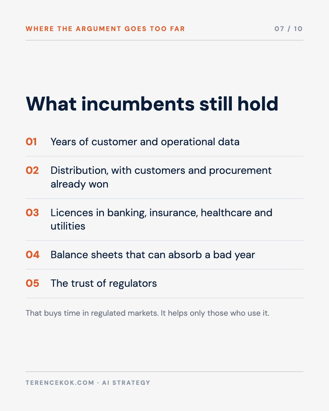 Carousel slide 7: what incumbents still hold, data, customers, licences and trust