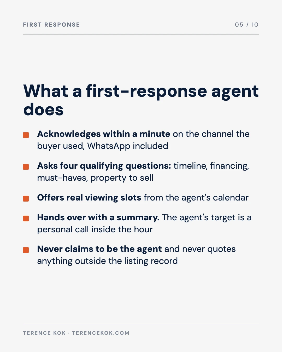 Carousel slide 5: what a first-response agent does, five bounded steps