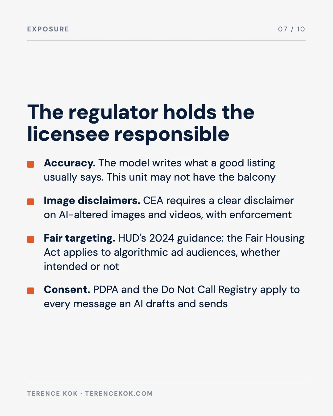 Carousel slide 7: the regulator holds the licensee responsible, accuracy, image disclaimers, fair targeting, consent