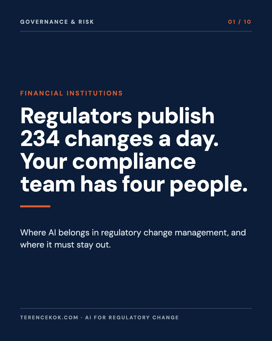 Carousel slide 1: cover, regulators publish 234 changes a day and the median compliance team has four people