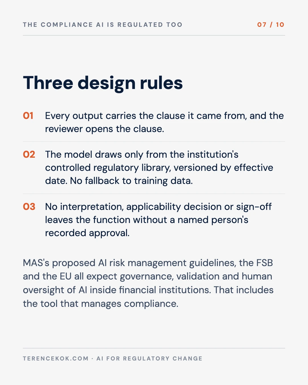 Carousel slide 7: the compliance AI is itself a regulated system under MAS, FSB and EU expectations