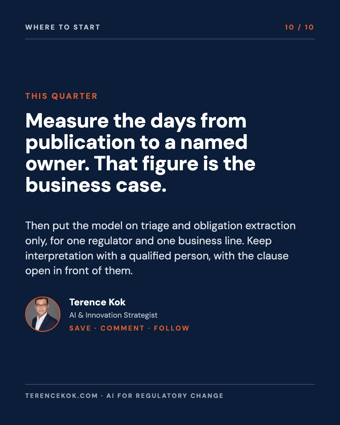 Carousel slide 10: closing, measure the days from publication to an owner, that figure is the business case