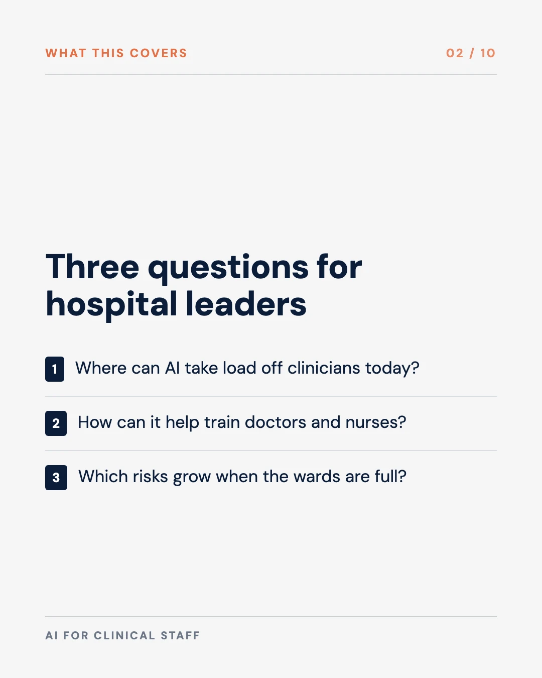 Carousel slide 2: agenda, three questions for hospital leaders: where AI takes load off, how it helps training, which risks grow when wards are full