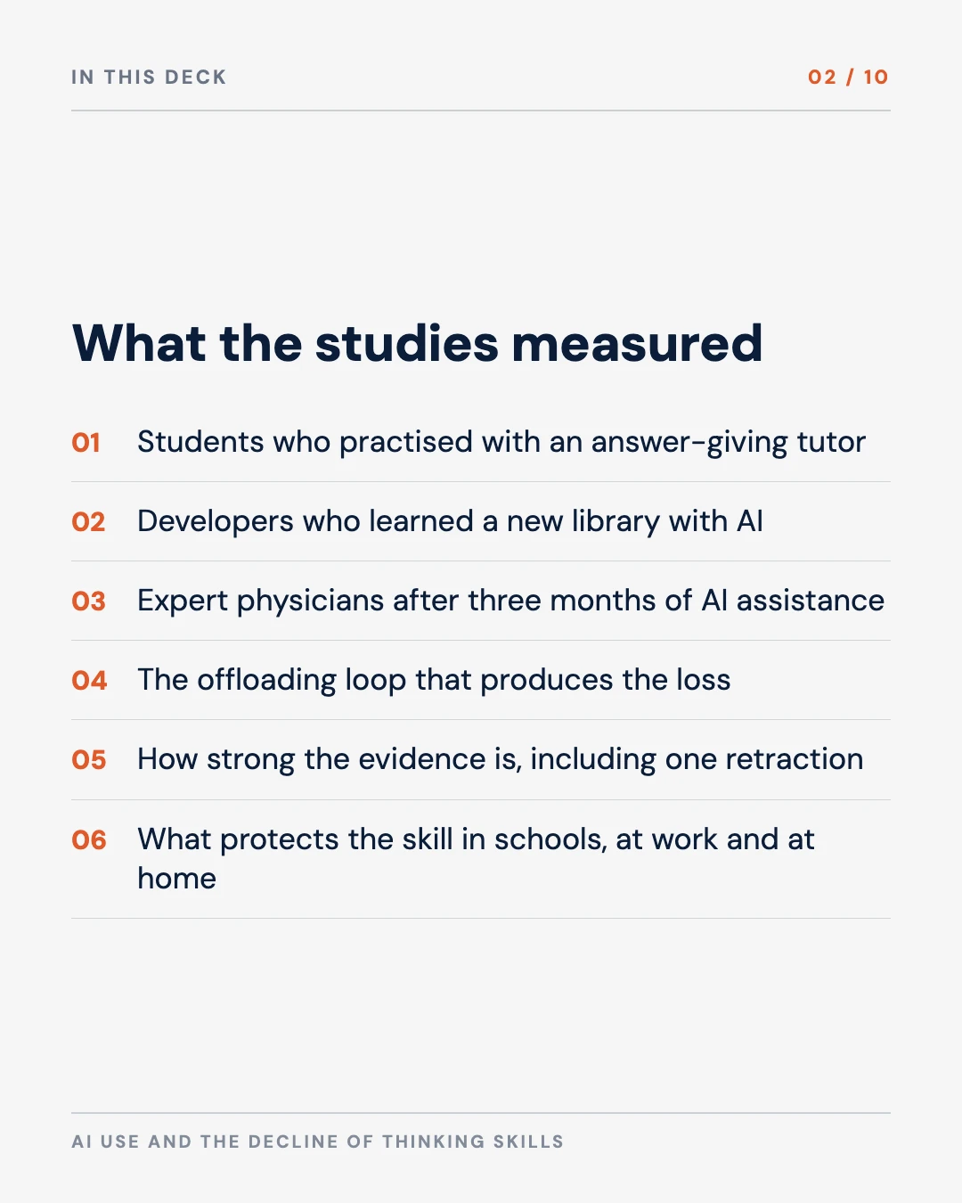 Carousel slide 2: agenda, four settings where the loss was measured, the mechanism, the evidence quality and what to do