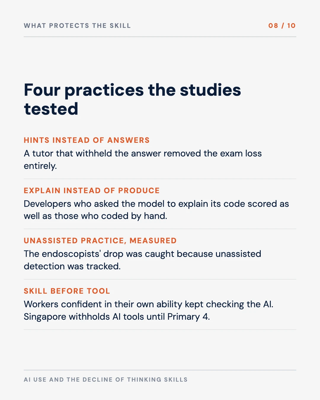 Carousel slide 8: what protects the skill, hints not answers, explain not produce, unassisted practice, measured drift