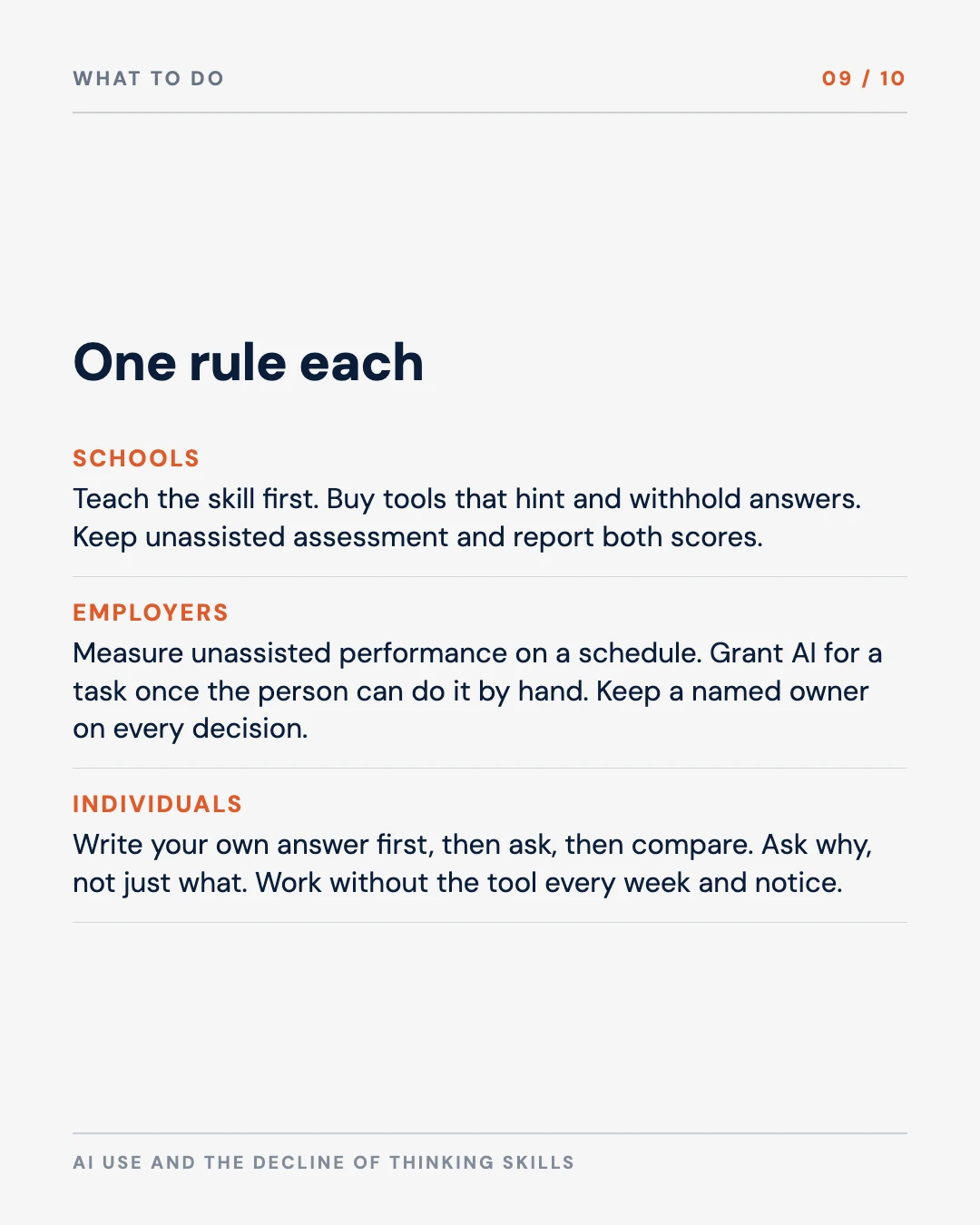 Carousel slide 9: what schools, employers and individuals should do, one line each
