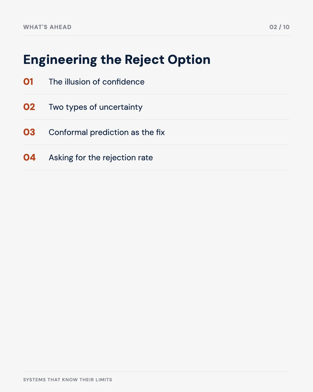 Carousel slide 2: engineering the reject option — illusion of confidence, two types of uncertainty, conformal prediction, rejection rate