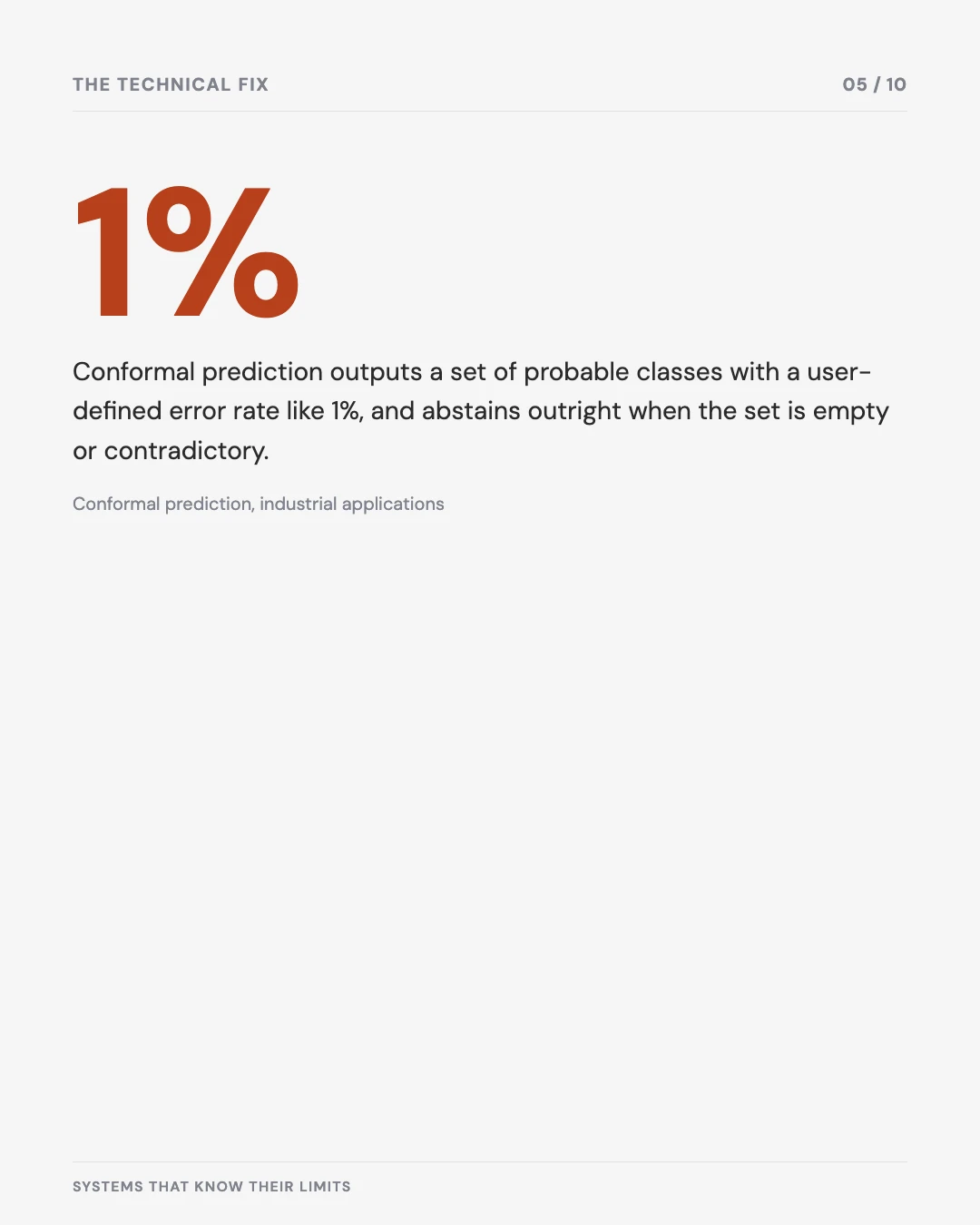 Carousel slide 5: conformal prediction guarantees a 1% user-defined error rate and abstains when uncertain