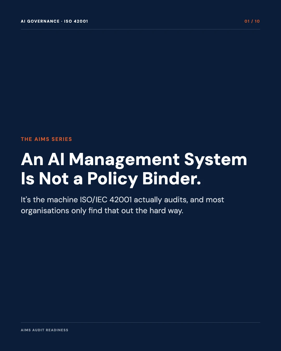 Carousel slide 1: cover, an AI management system is not a policy binder, it's the machine ISO/IEC 42001 actually audits