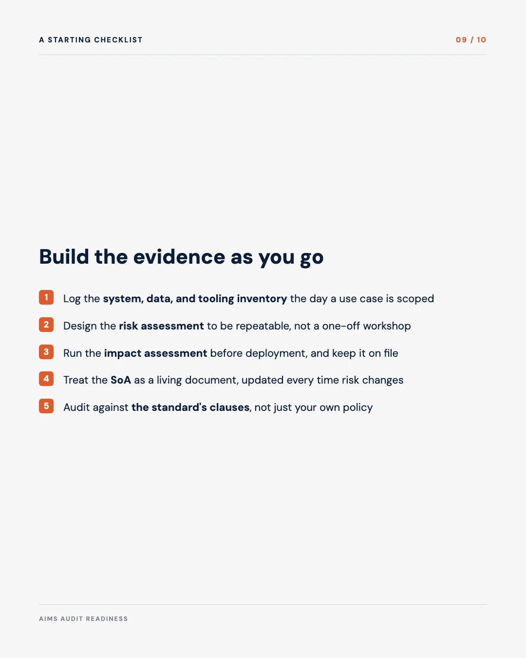 Carousel slide 9: starting checklist, log the inventory, design repeatable risk assessment, run impact assessment early, treat the SoA as living, audit against the standard