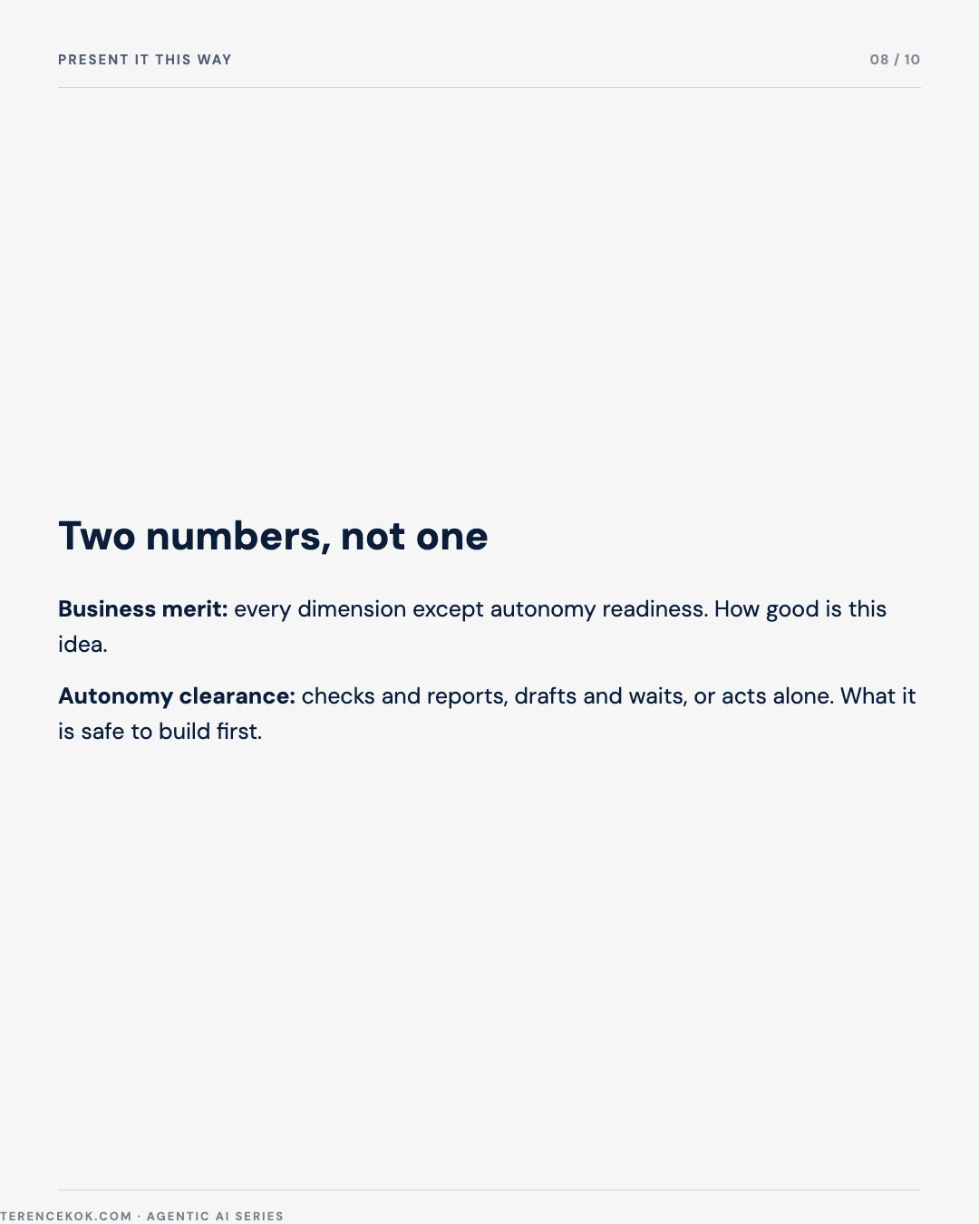 Carousel slide 8: present two numbers not one, business merit versus autonomy clearance, checks and reports drafts and waits or acts alone