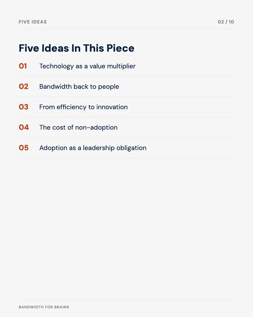 Carousel slide 2: five ideas — value multiplier, bandwidth back to people, efficiency to innovation, cost of non-adoption, leadership obligation