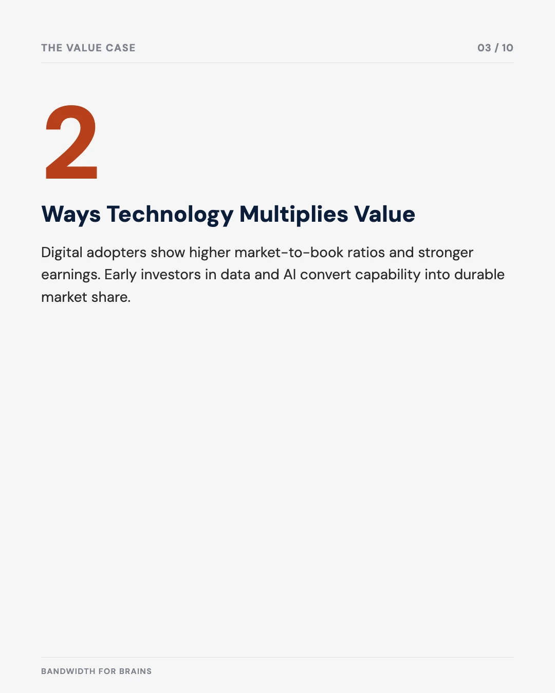Carousel slide 3: two ways technology multiplies value — market-to-book ratios and durable market share gains