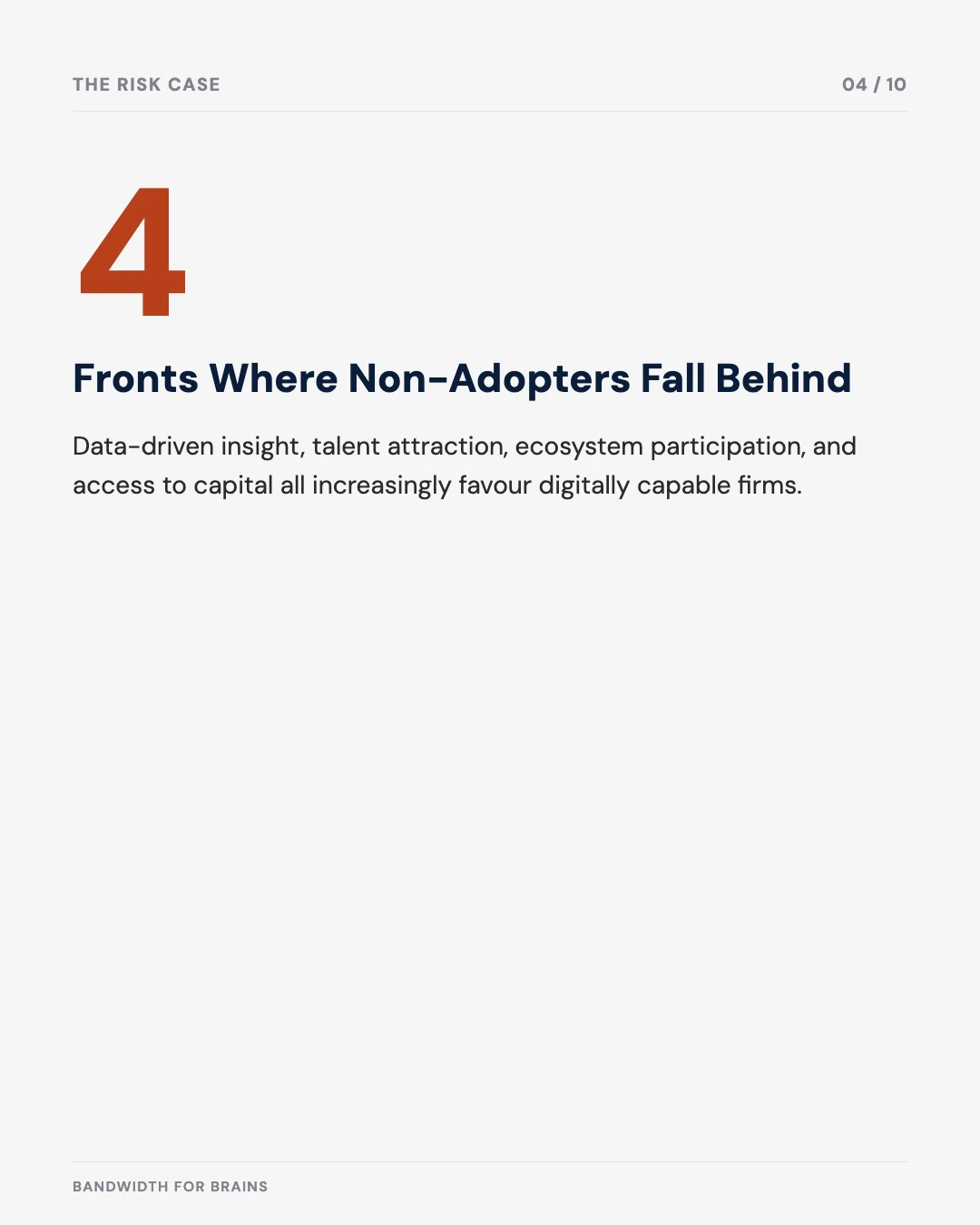 Carousel slide 4: four fronts where non-adopters fall behind — data insight, talent, ecosystem, capital