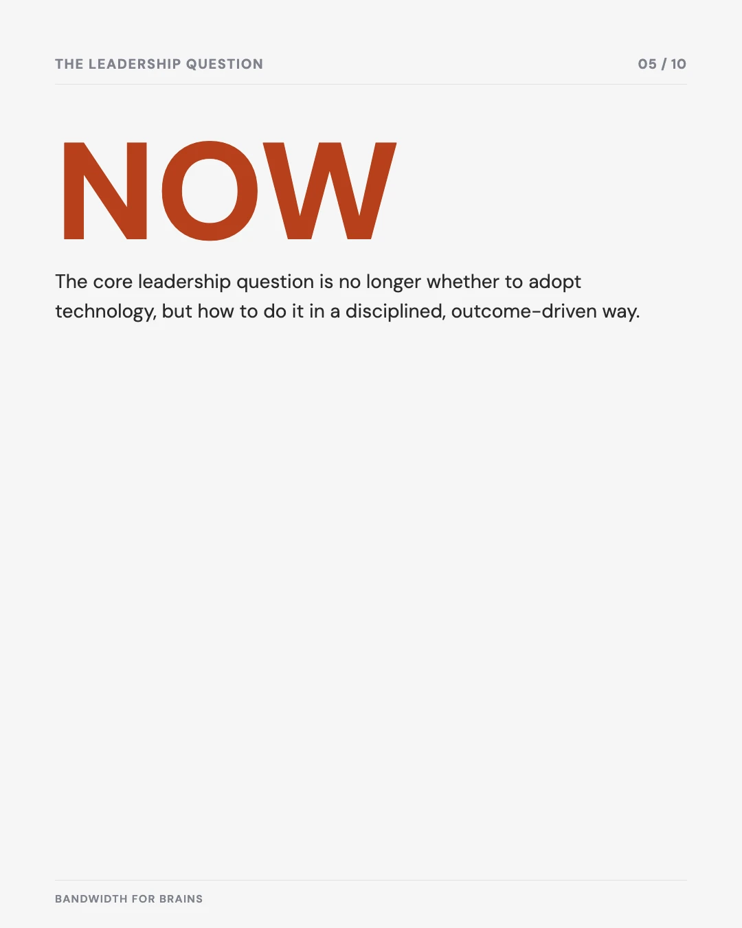 Carousel slide 5: the leadership question is no longer whether to adopt technology, but how