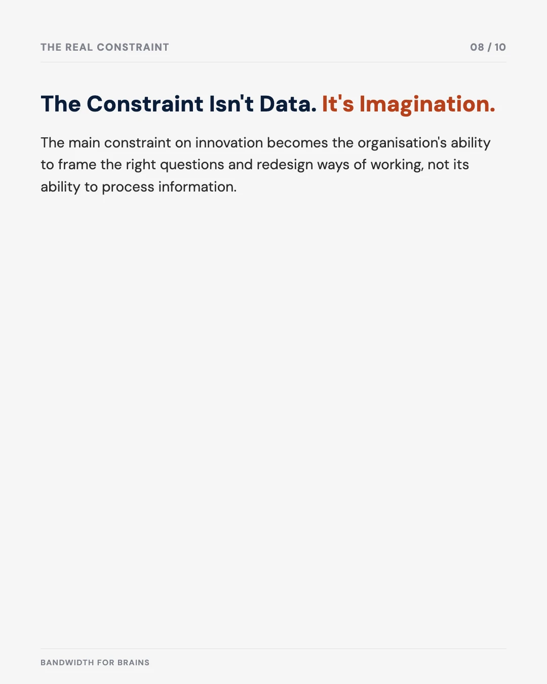 Carousel slide 8: the constraint isn't data, it's the ability to frame the right questions