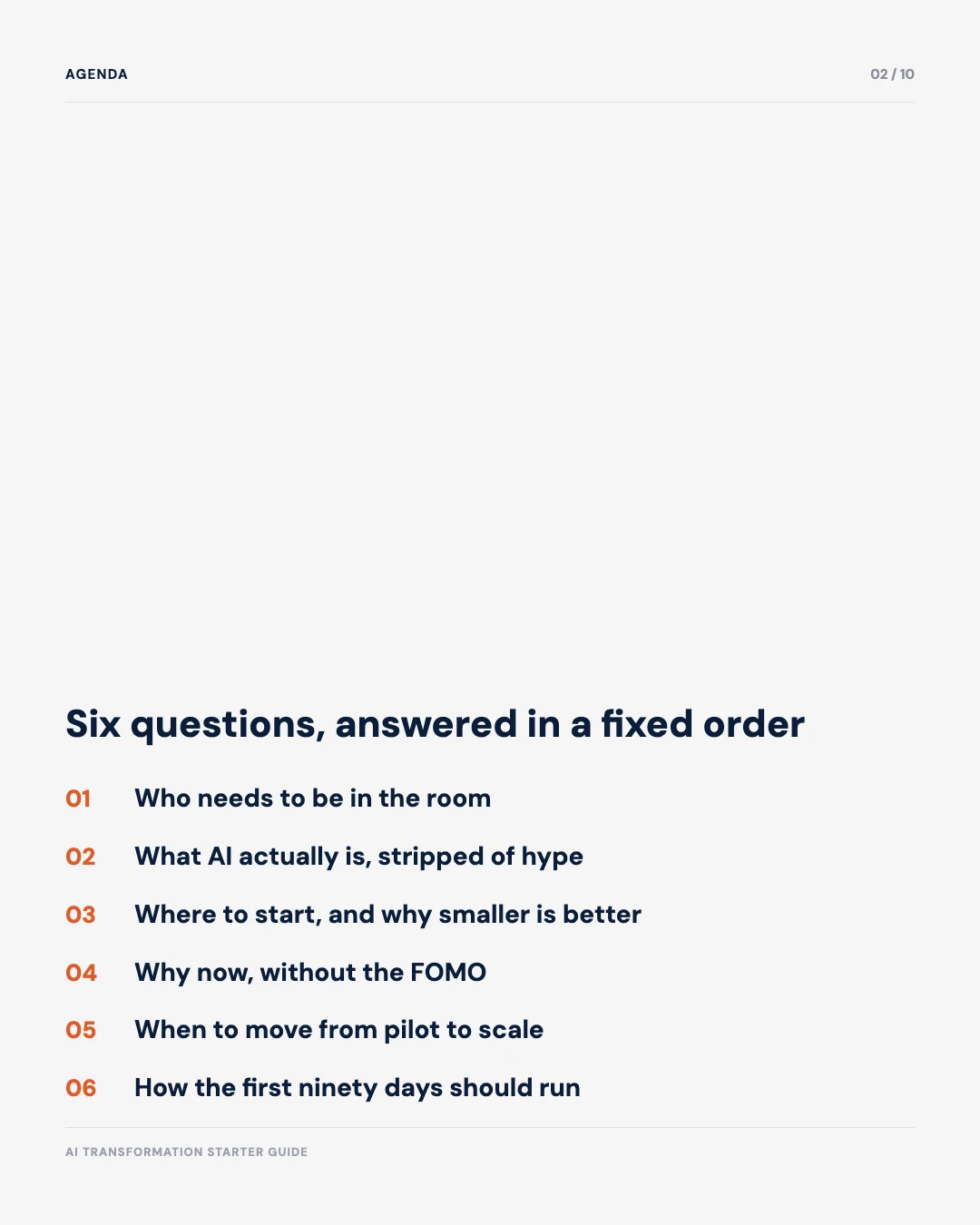 Carousel slide 2: agenda, six questions answered in a fixed order, who, what, where, why, when, how