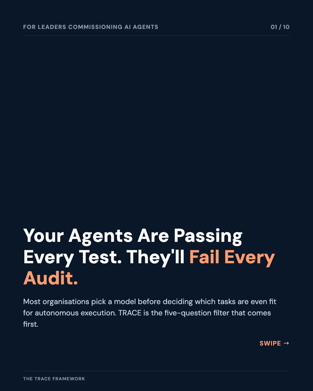 Carousel slide 1: cover, your agents are passing every test, they'll fail every audit