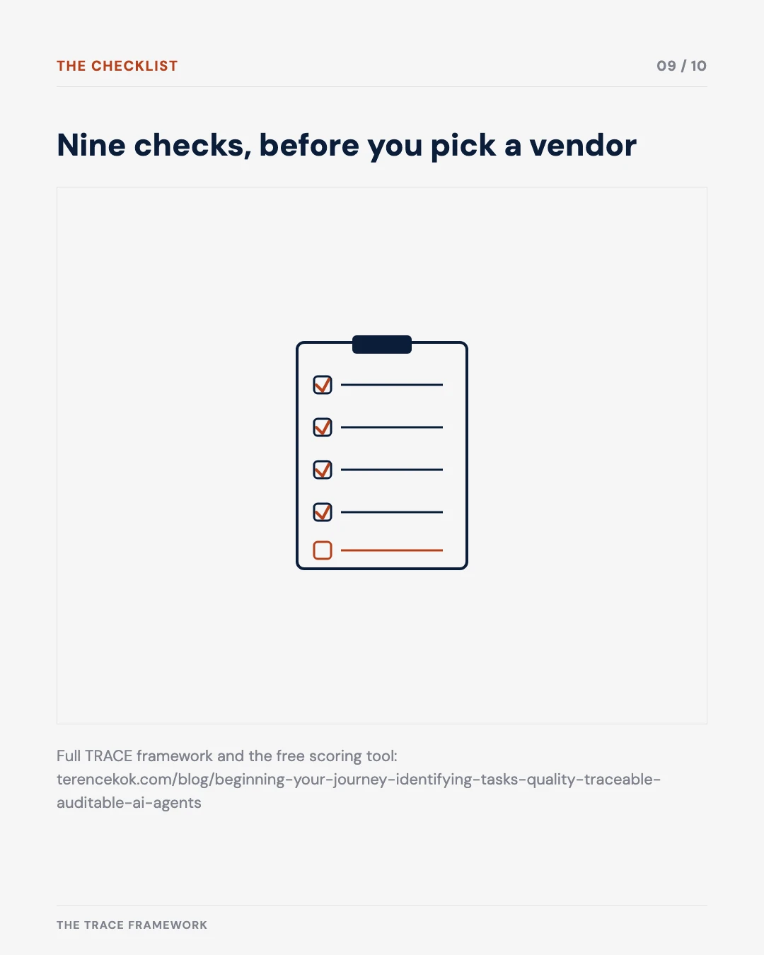 Carousel slide 9: checklist illustration, nine checks before you pick a vendor