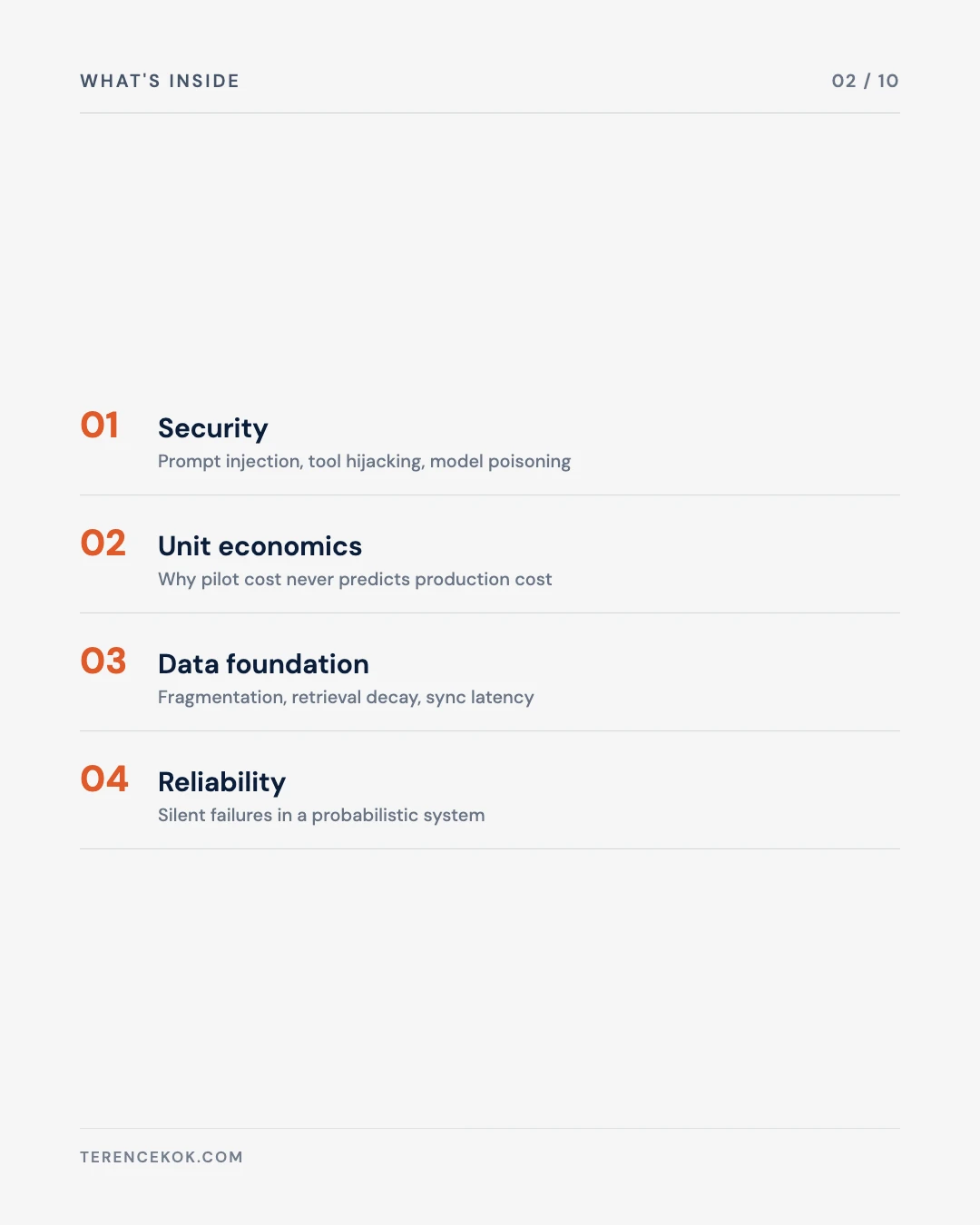 Carousel slide 2: what's inside, security, unit economics, data foundation, reliability